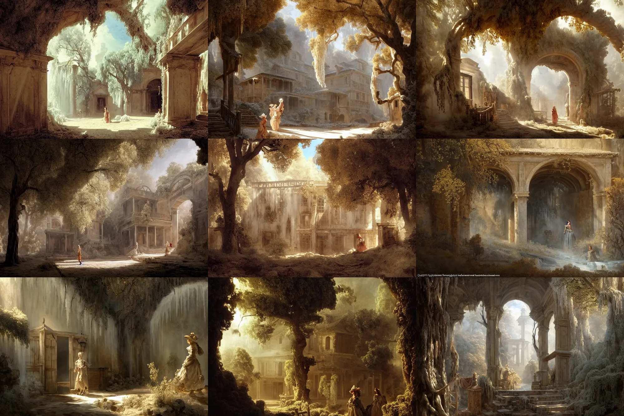 Prompt: colonial ghost town made of ice, stoic, shadowy figures covered in drapery, archways of dry trees, waterfalls coming out of windows, light dust, magnificent, hyperdetailed, theatrical, close up, masterpiece, painted by jean honore fragonard and greg rutkowski and rob alexander