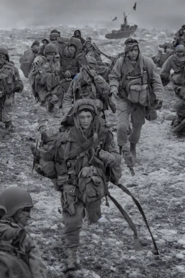 Image similar to a portrait of ww 2 american soldiers entering agartha from antarctica, realistic, highly detailed, fantasy, early 2 1 st century film quality, b & w, 4 k