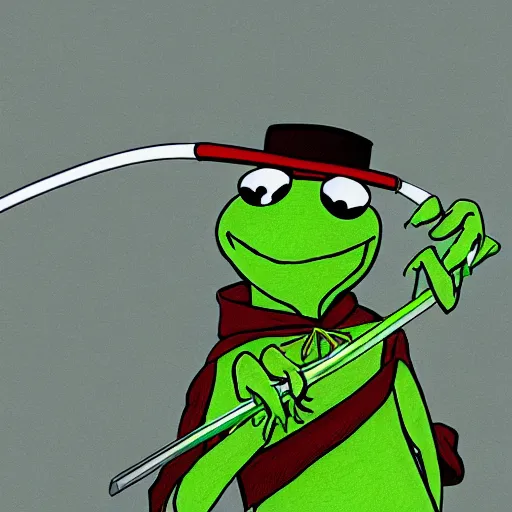 Image similar to Kermit the frog as an anime samurai, style of afro samurai, Key Frame, Top rated of pixiv, High Detail, Medium Shot, Dusk