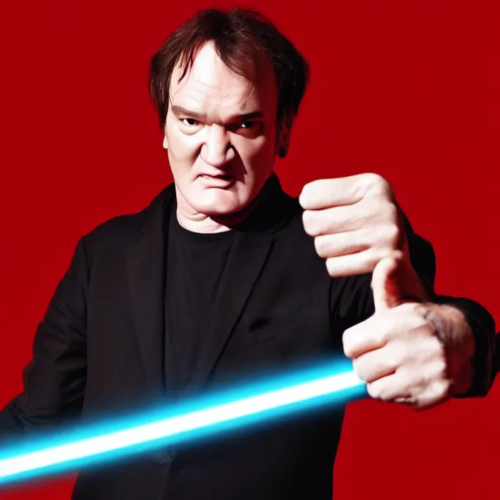 Image similar to quentin tarantino raising a lightsaber, giving thumbs up. without characters. black background. cinematic trailer format.