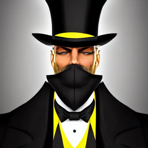 Image similar to a highly detailed portrait of a man in a high top hat covering his face, in a black tailcoat with a yellow waistcoat under the tailcoat, artstation, deviantart, professional, unreal engine 5, photorealistic