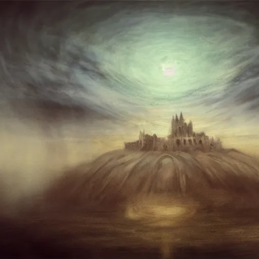 Prompt: medieval castle in the clouds, charcoal style, da vinci, dna, dune, extraterrestrial, graffiti, jurassic, nuclear, bioluminescence, jmw turner, monet, hirohiko araki, beeple, digital art, trending on art station, 8 k