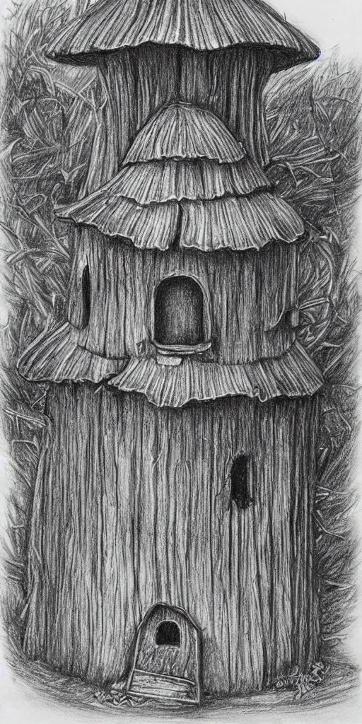 Image similar to pencil drawing of a mushroom house, highly detailed