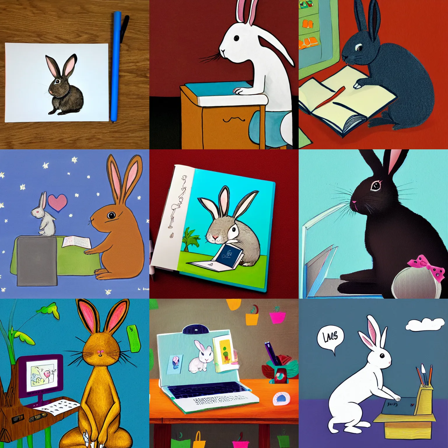 Prompt: a rabbit writing on a desktop, Children's Book Illustration, Laura Watson, Andy Catling, Nate Fakes, Basia Tran,