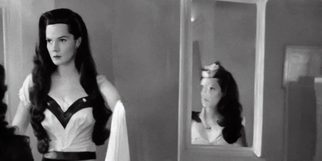 Image similar to ultra wide angle photo of young linda carter dressed in a white blouse and black dress pants as diana prince looking at herself in a bathroom mirror and seeing her reflection as wonder woman