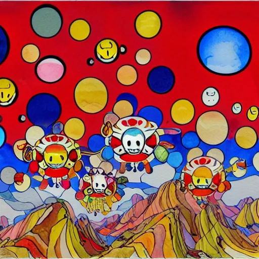 Image similar to Three bright red demons flying up from a desert canyon in the style of Takashi Murakami, highly detailed, watercolor background, Kids See Ghosts