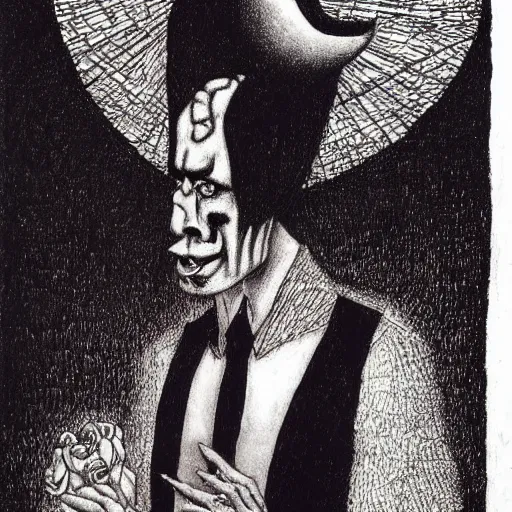 Prompt: Nick Cave in disguise as the devil, by Santiago Caruso, by M.C. Escher, by Kazimir Malevich, fairy-tale illustration style, very detailed, colorful, beautiful, eerie, surreal, psychedelic