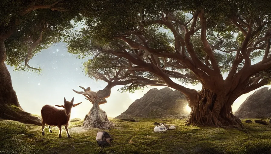 Image similar to very very small goat, sitting on a gigantic banyan tree in moonlit socotra island by ilya kuvshinov, starry night, rtx rendering, octane render 1 2 8 k, maya, extreme high intricate details by tom bagshaw, medium shot, close up shot, composition by sana takeda, lighting by greg rutkowski