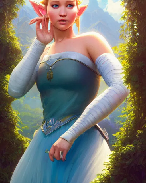 Image similar to highly detailed surreal vfx portrait of jennifer lawrence as princess zelda, stephen bliss, unreal engine, greg rutkowski, loish, rhads, beeple, makoto shinkai and lois van baarle, ilya kuvshinov, rossdraws, tom bagshaw, alphonse mucha, global illumination, detailed and intricate environment