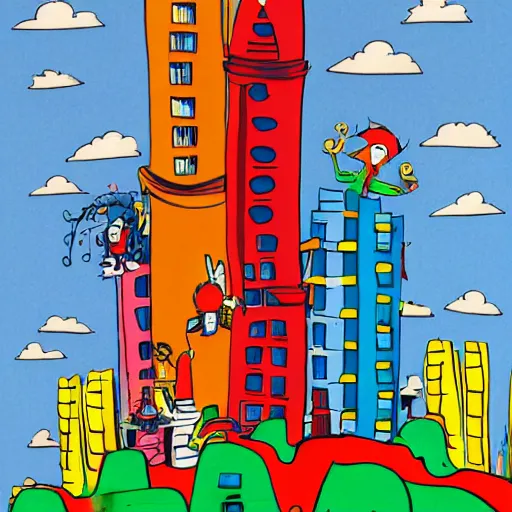 Prompt: building by dr seuss, with towers, bridges, stairs, childrens book