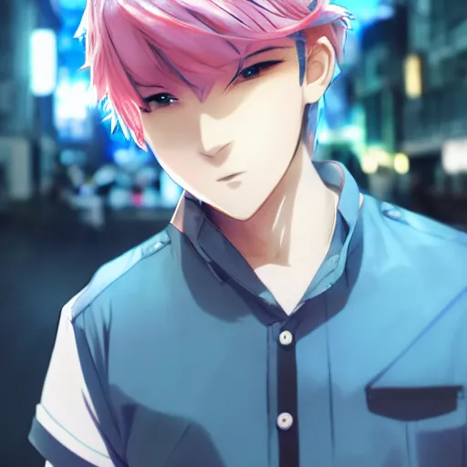 Prompt: very cool anime boy, short silver hair, azure blue watery eyes, full round face, seductive glances, wearing River City Ransom suit, lens flare, cinematic lighting, medium shot, mid-shot, highly realistically detailed, trending on pixiv, Unreal Engine 4k, Stanley Artgerm Lau, WLOP, Rossdraws, James Jean, Marc Simonetti
