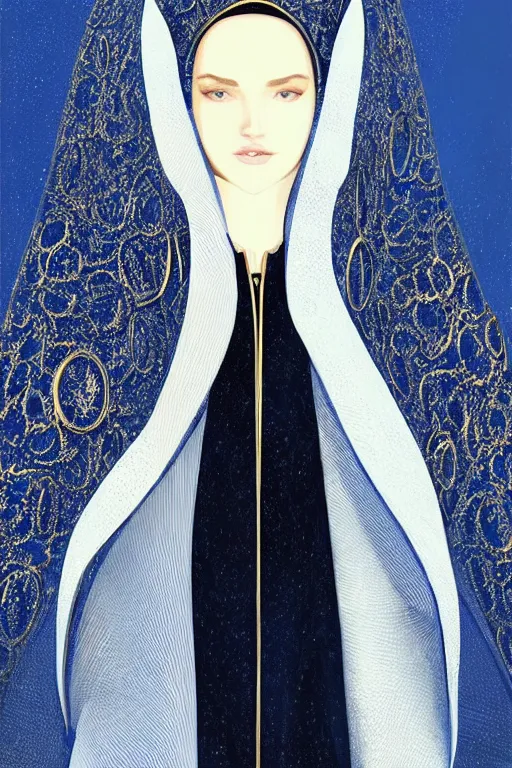 Prompt: detailed beautiful hooded noun in blue gold coat, seductive confident pose, attractive feminine curves, intricate details, futuristic, elegant cape, elegant, white, blue, black, photorealism, trending on artstation, holy halo, advanced technology, art by moebius and vitaly bulgarov and chanthara