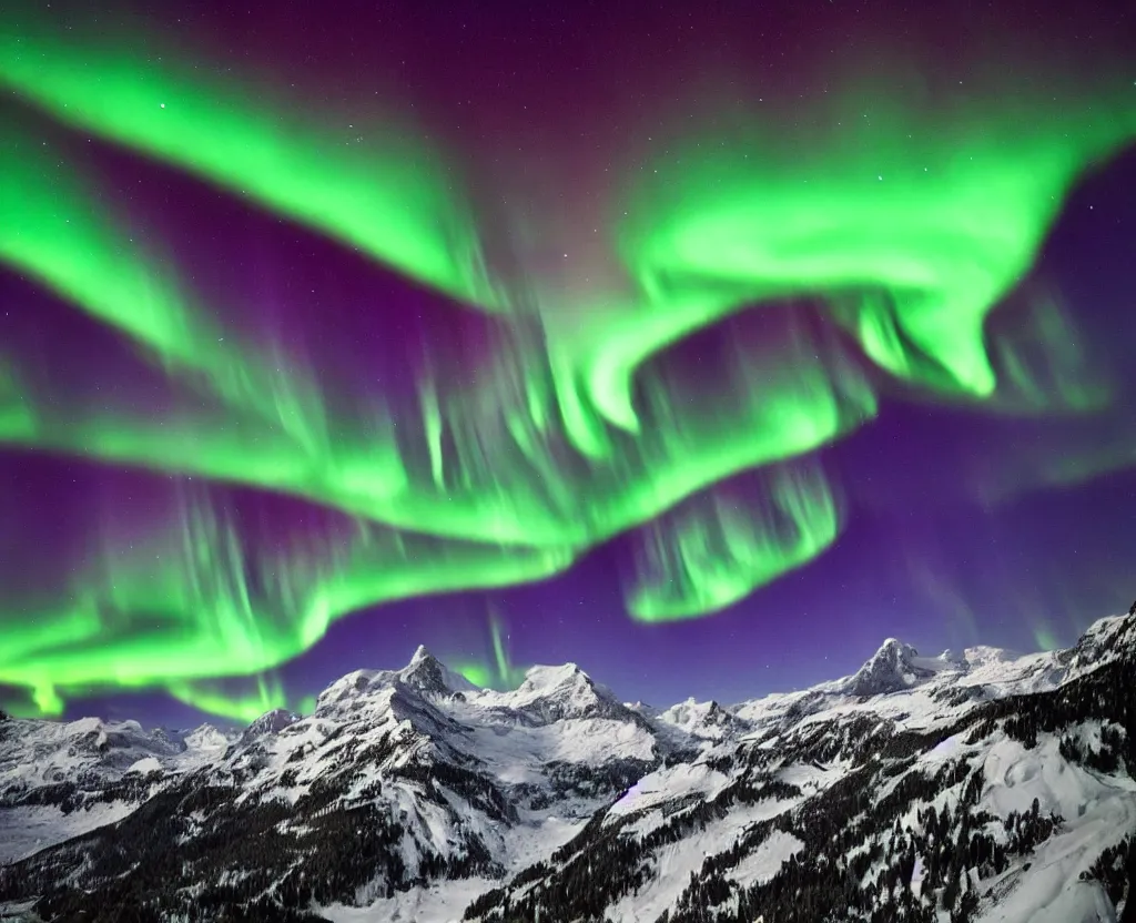 Prompt: Switzerland beautiful with northern lights in the sky astounding