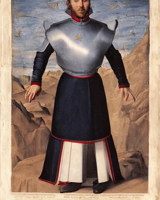 Image similar to starfleet uniform, a knight of the round table in starfleet uniform, by agnolo bronzino and giovanni bellini