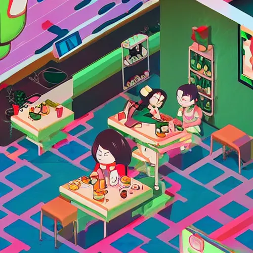 Prompt: cannabis cafe detailed cute characters, isometric fun style rendered, by ren hang, australian style video game still