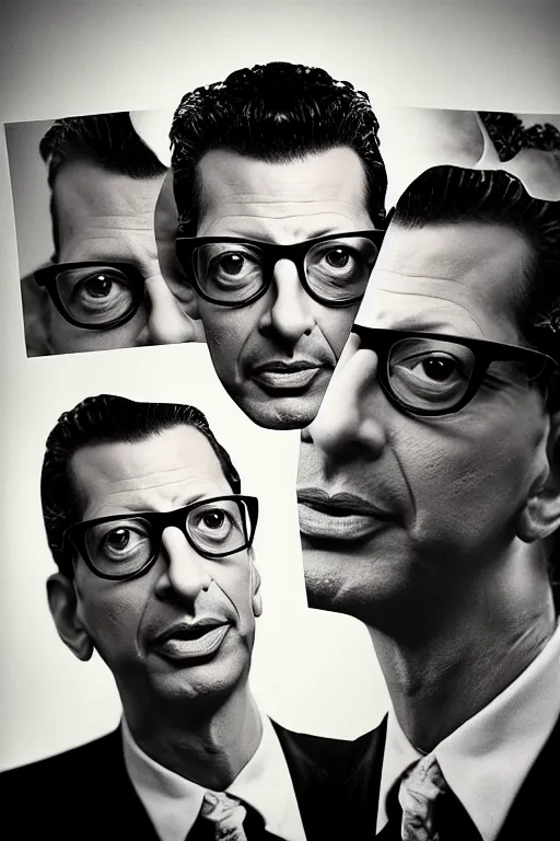 Prompt: double exposure composite portrait, floating head portrait, first jeff goldblum profile on top and the second jeff goldblum facing the camera on bottom, jc penney studio 1 9 8 5