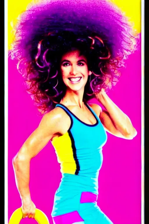 Image similar to 1980s big hair, brightly colored, zumba fitness art poster