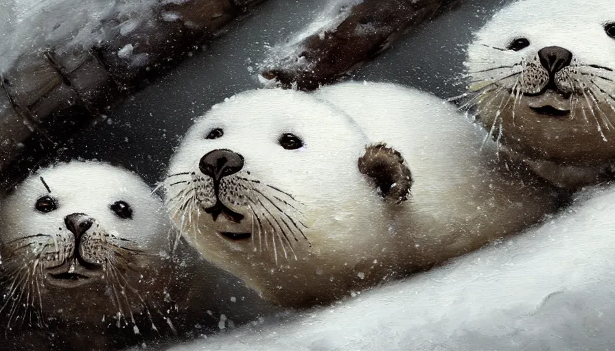 Image similar to highly detailed closeup painting of cute furry white baby seals inside a snowy adventure park climbing frame by william turner, by greg rutkowski, by william constable, thick brush strokes and visible paint layers, 4 k resolution