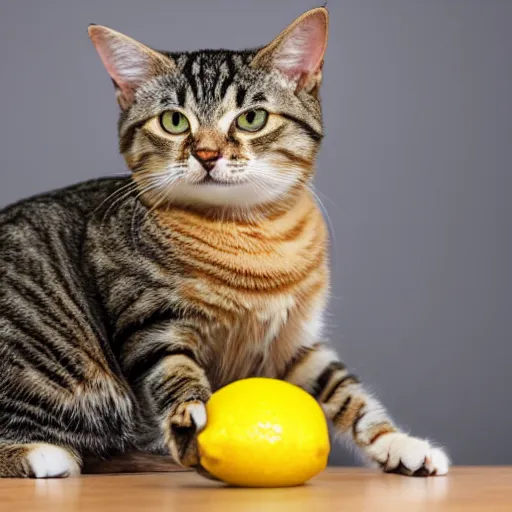 Prompt: photo of a tabby cat with a lemon for a head