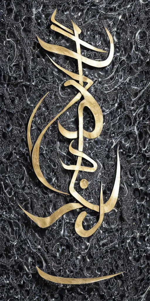 Prompt: a photorealistic render of a 3 d arabic calligraphy, made of liquid metal and marble, cinema 4 d, by zhelong xu, ernst haeckel and mouneer alshaarani, hyper realistic, plain background, 8 k, volumetric lightning, trending on artstation