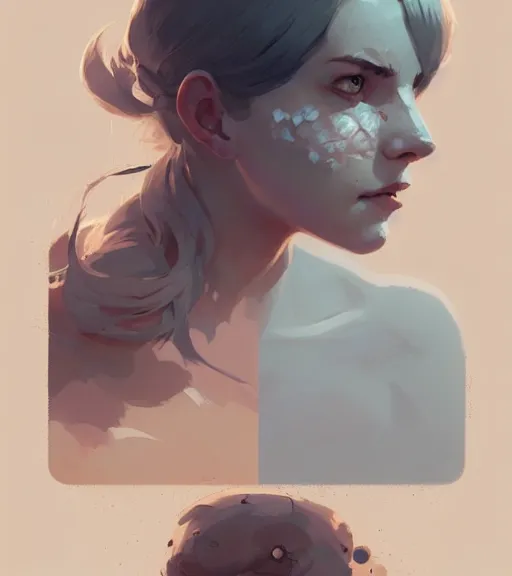 Image similar to portrait of a woman raised on the island face tatooes by atey ghailan, by greg rutkowski, by greg tocchini, by james gilleard, by joe fenton, by kaethe butcher, dynamic lighting, gradient light blue, brown, blonde cream and white color scheme, grunge aesthetic