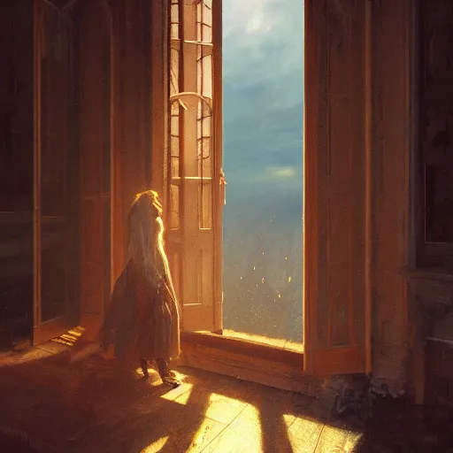 Image similar to young beautiful woman, view from window, sunset, high detail, dramatic light, digital art, chiaroscuro, painted by seb mckinnon, painted by greg rutkowski, painted by caspar david friedrich, trending on artstation