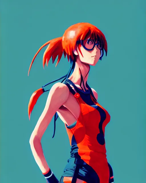 Image similar to a ultradetailed painting of a asuka from evangelion, she is wearing a tank top by conrad roset, greg rutkowski and makoto shinkai trending on artstation