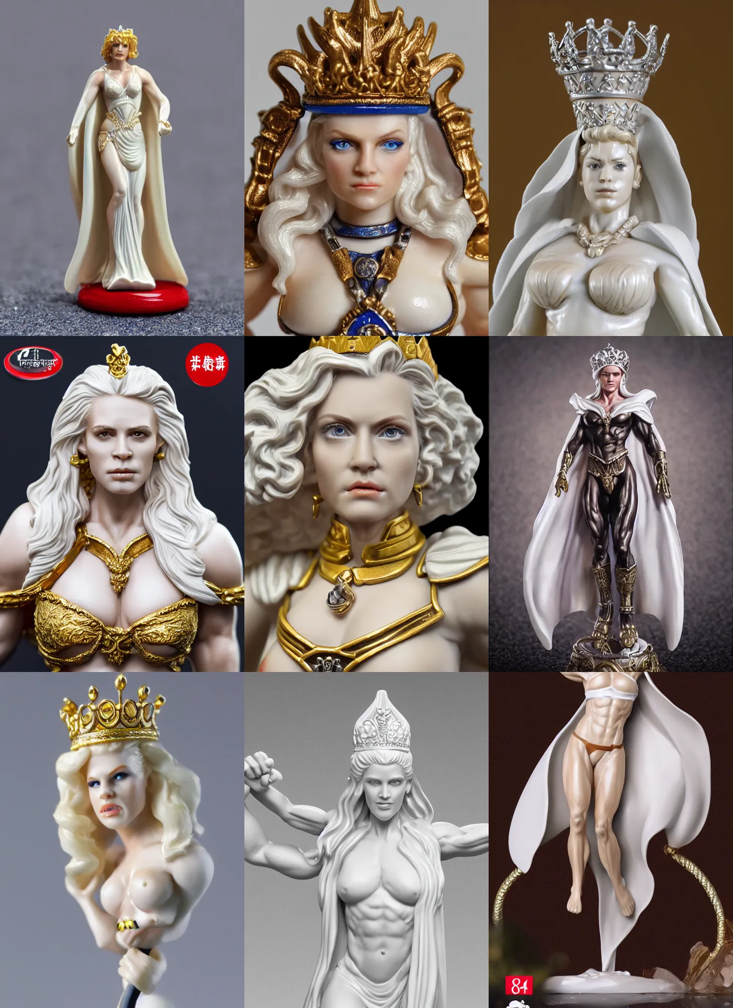 Prompt: 80mm resin detailed miniature of a Very Muscular Queen, long white cape, light skin, short blonde hair, Company logo in upper left corner; Miniature product Photo, 4K, Full body