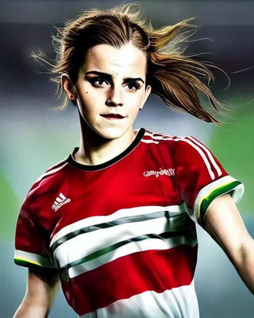 Image similar to a portrait of emma watson as a lokomotiv football player, hyper realistic, highly detailed