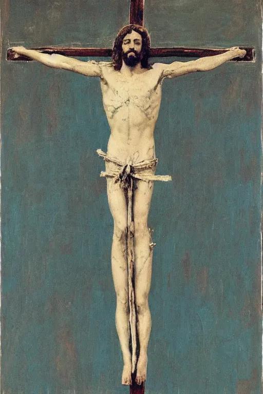 Image similar to jesus christ crucified painted by cy twombly and andy warhol