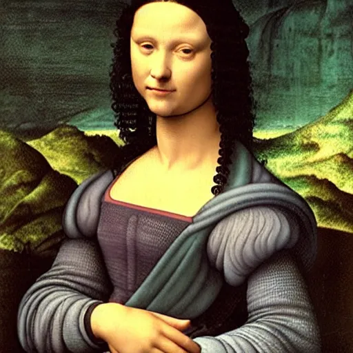 Prompt: young woman from the year 1 5 0 0, seated in front of a landscape background, her black hair is curly, she wears a dark green dress pleated in the front with yellow sleeves, puts her right hand on her left hand, and smiles slightly, oil painting in style of leonardo da vinci
