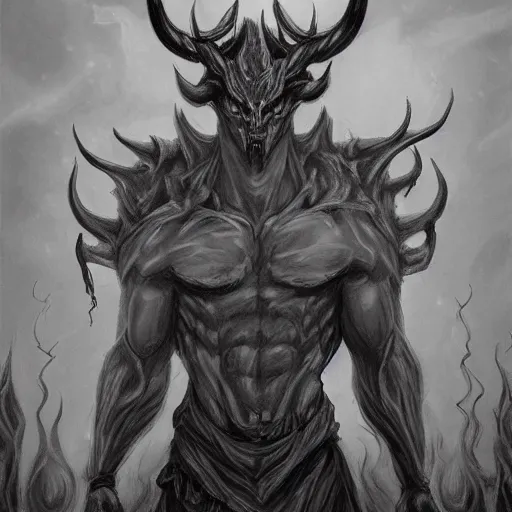 Image similar to full body grayscale drawing by Anato Finnstark of horned demon in heroic pose, swirling flames