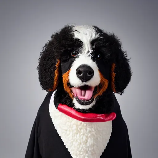 Image similar to a closeup photorealistic photograph of a cute smiling knitted bernedoodle judge dog dressed in a black gown, presiding over the courthouse. indoors, professional capture, well lit shot. this 4 k hd image is trending on artstation, featured on behance, well - rendered, extra crisp, features intricate detail, epic composition and the style of unreal engine.