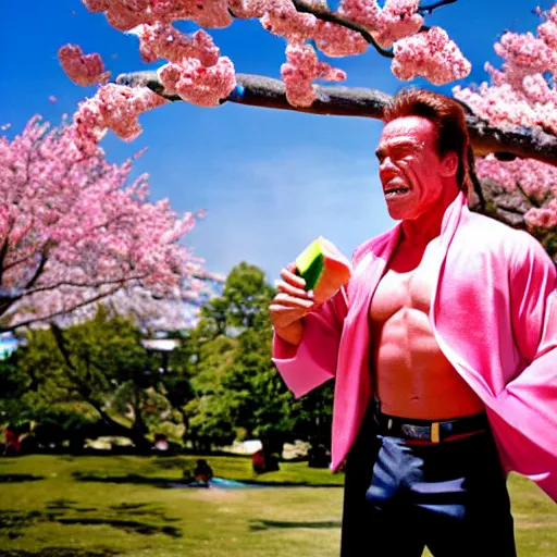 Image similar to photo, arnold schwarzenegger eats watermelon, japanese kimono, high heels, under sakura tree, camera on face