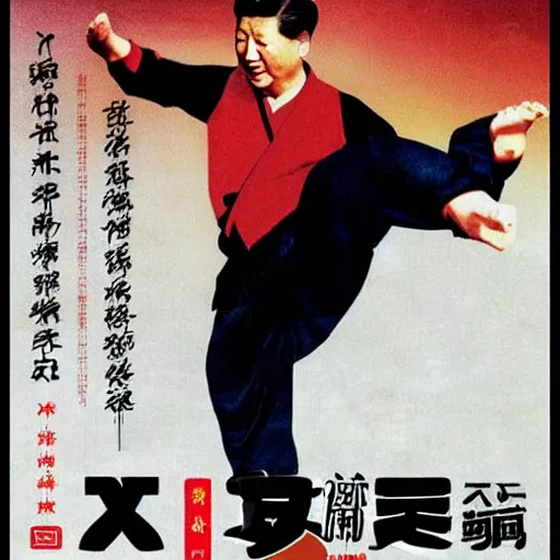 Image similar to xi jinping starring as a kung fu action movie main character on a poster advertisement, 1980s style