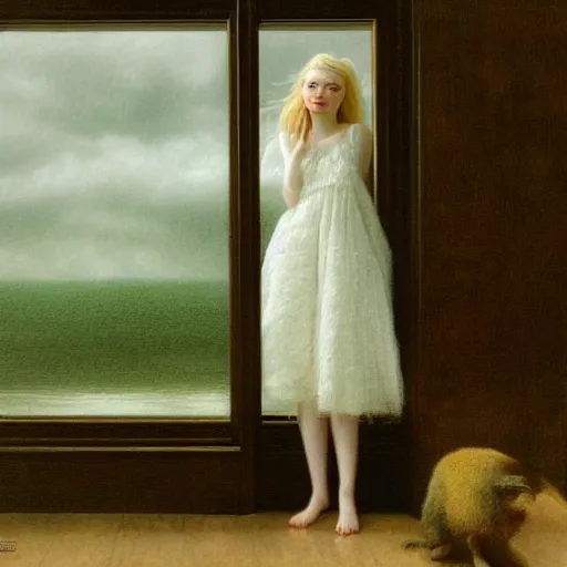 Image similar to Elle Fanning at night, stormy weather, extremely detailed masterpiece, illustration, by Michael Sowa,