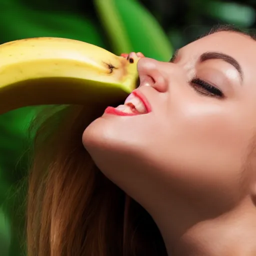 Image similar to close up photography of a woman that is about to bite into a banana but she just didnt do it yet, profile, close camera