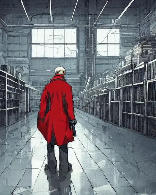 Prompt: Digital communist anime art by WLOP and Mobius, Karl Marx, serious expression, empty warehouse background, highly detailed, spotlight