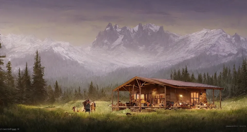 Image similar to cabela's beautiful comfortable modular pop - up insulated all terrain family dwelling, cabin,, person in foreground, mountainous forested wilderness open fields, beautiful views, painterly concept art, joanna gaines, environmental concept art, farmhouse, magnolia, concept art illustration, by james gurney, by craig mullins, by greg rutkowski trending on artstation