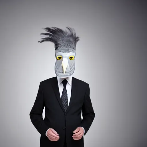 Image similar to stock photo of a man in a suit wearing a latex mask of a shoebill stork, realistic proportions, white background, rim lighting, dramatic