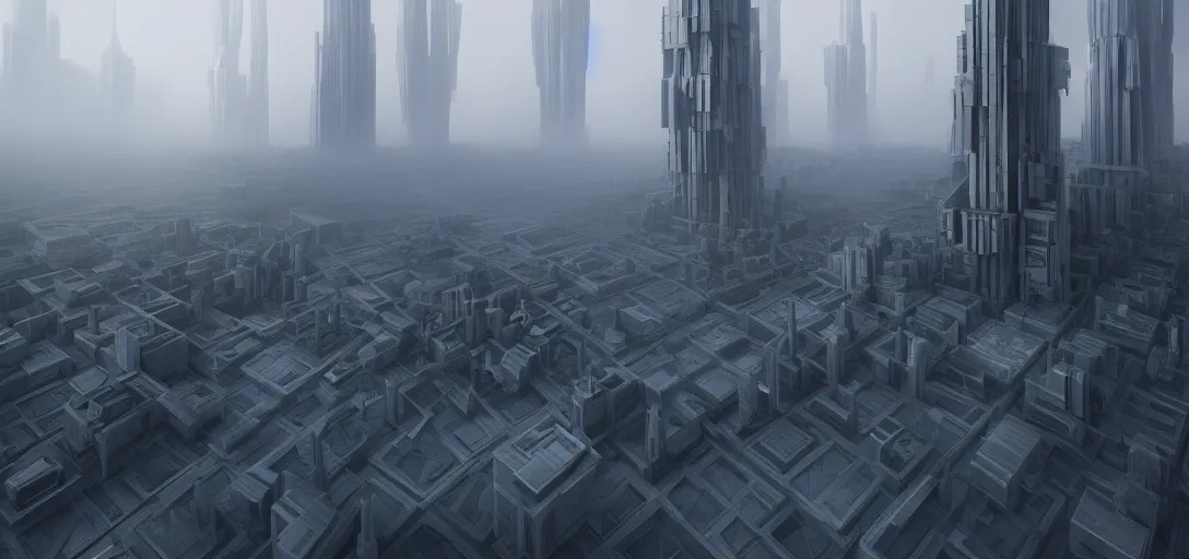 Prompt: dramatic view of giant cuboid megatropolis structure at day, giant towering pillars, colored fog,, unreal engine, dramatic lighting, detailed, ambient occlusion, global illumination, god rays, 3 d artstation render by annibale siconolfi and paul chadeisson