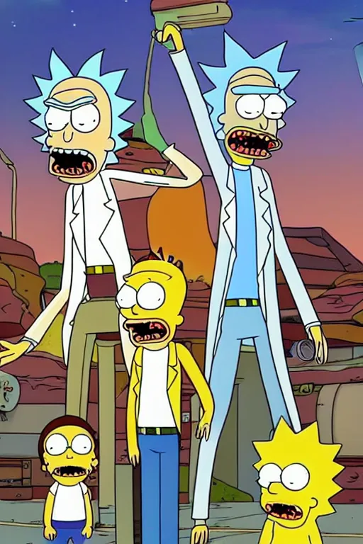 Prompt: Rick and Morty fight the Simpsons