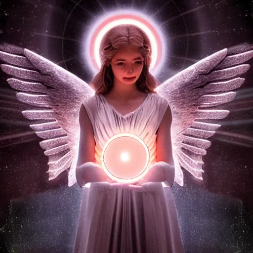 Image similar to Angel in the universe, surrounded by a light circle, glowing, high saturation, cinematic light effect, realistic, adding detail, rococo style, high definition