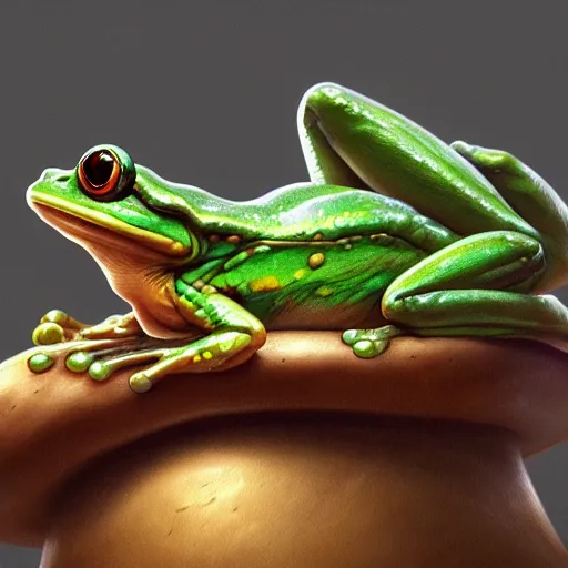 Image similar to a frog sitting on a mushroom, intricate, highly detailed, digital painting, artstation, concept art, smooth, sharp focus, illustration, unreal engine 5, 8 k, art by artgerm and greg rutkowski and alphonse mucha