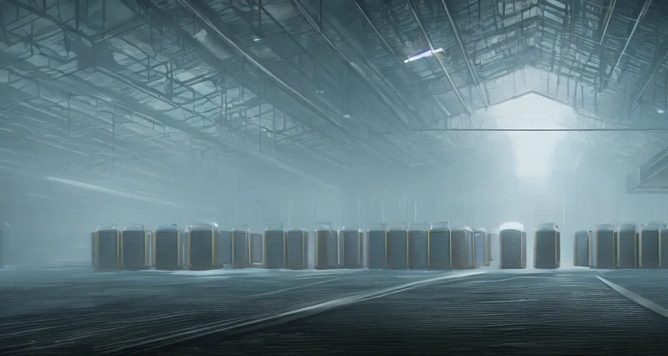 Prompt: illustration of rows of cryopods in a cold warehouse, refrigerated storage facility, rolling fog, greg rutkowski, cyberpunk, dramatic lighting, unreal engine 5, colorful