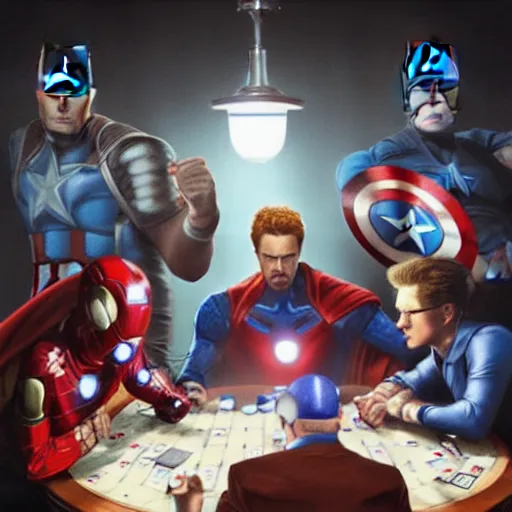 Image similar to hyperrealist portrait of the avengers playing poker, photo realistic, dynamic lighting, artstation, poster, volumetric lighting, very detailed faces, 4 k, award winning