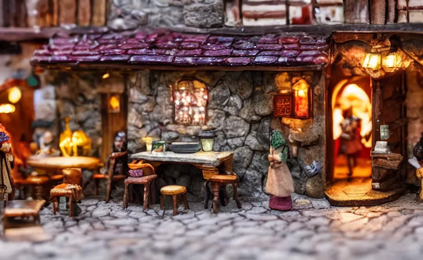 Prompt: miniature medieval tavern diorama macro photography, cafe with felted elves on a date, alleyway, ambient, atmospheric, british, cozy, bokeh, romantic, colorful lanterns