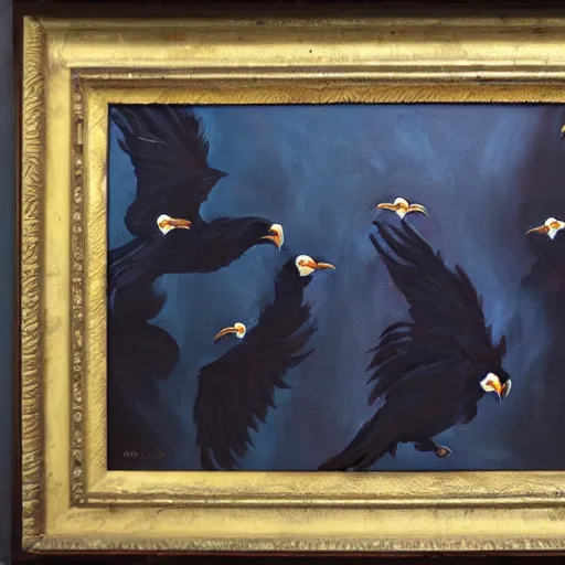 Image similar to flock of ravens in the shape of a rose. painting, oil on canvas