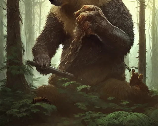 Image similar to old man, in the woods, arm wrestling, a bear, deep focus, d & d, fantasy, intricate, elegant, highly detailed, digital painting, artstation, concept art, matte, sharp focus, illustration, hearthstone, art by artgerm and greg rutkowski and alphonse mucha