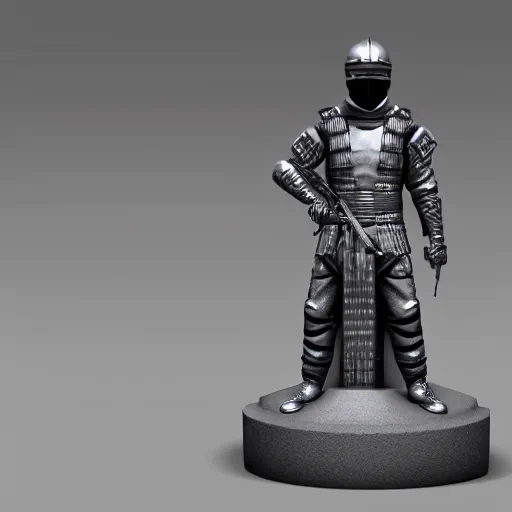Image similar to 3 d octane rendering of marble and chrome statue of ninja wearing full face mask and hunter hat, technological, octane render